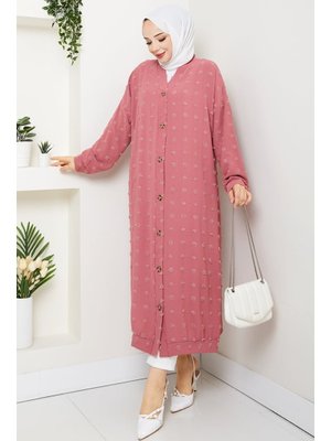 Gül Kurusu V Yaka Ponpon Detaylı Düğmeli Kap