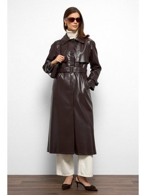 Reglan Kol Pelerin Ve Punto Dikiş Detaylı Deri Trençkot K. Kahve