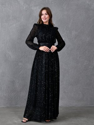 Siyah Uzun Kol Kemerli Pullu Abiye Elbise Siyah Uzun Kol Kemerli Pullu Abiye Elbise