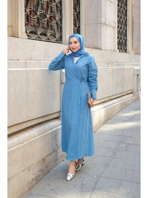 Poplin Yan Bağlamalı Elbise İndigo Mavi Poplin Yan Bağlamalı Elbise İndigo Mavi