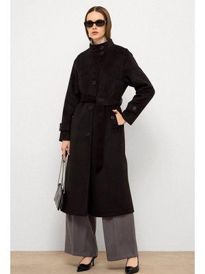 Siyah Dik Yaka Oversize Uzun Kaban