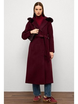 Mürdüm Kürklü Kapüşonlu Beli Bağlamalı Uzun Kaban