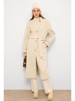 Dik Yaka Oversize Uzun Kaban Bej Melanj