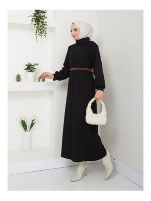 Siyah Kemerli Balıkçı Yaka Elbise