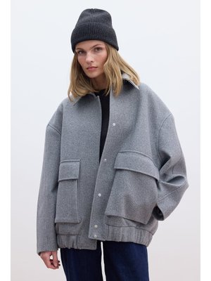 Gri Yünlü Oversıze Bomber Kaban