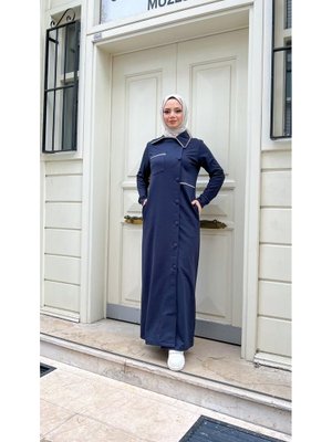 Lacivert Yakalı Cepli Yandan Düğmeli Pamuklu Uzun Ferace