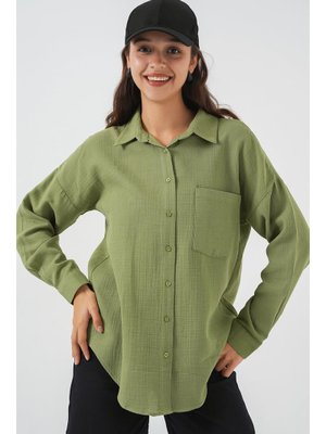 Çağla Tek Cepli Oversize Müslin Gömlek Çağla Tek Cepli Oversize Müslin Gömlek