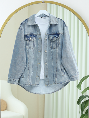 Buz Mavi Boydan Düğmeli Cepli Kot Ceket