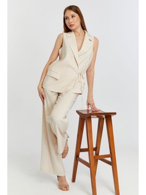 Bej Regular Fit Belden Bağlama Detaylı Astarlı Dokuma Yelek