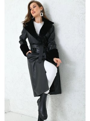 Siyah Kolları Ve Yakası Kürklü Astarlı Deri Trençkot Siyah Kolları Ve Yakası Kürklü Astarlı Deri Trençkot