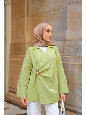 Broş Detay Poplin Gömlek Fıstık Yeşil