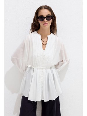 Ekru Nervür Detaylı Vual Tunik Ekru Nervür Detaylı Vual Tunik