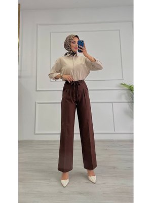Kahverengi Dabıl Kemeri İp Detaylı Palazzo Pantolon