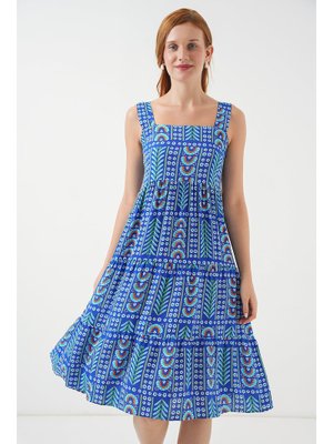Saks Desenli Askılı Midi Elbise Saks Desenli Askılı Midi Elbise