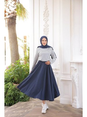 Lacivert O Yaka Yatay Çizgili Uzun Kollu Yırtmaçlı Kısa Tunik 46) Lacivert O Yaka Yatay Çizgili Uzun Kollu Yırtmaçlı Kısa Tunik 46)