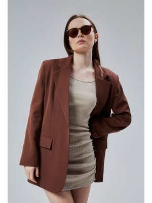 Oversize Düz Kesim Astarlı Dokuma Blazer Ceket Kahverengi