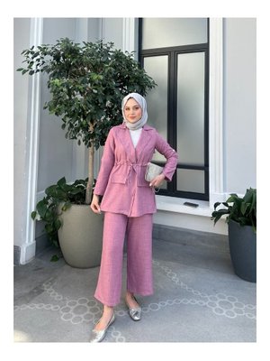 Pembe Bel Büzgülü Keten Ceket Pantolon Takım