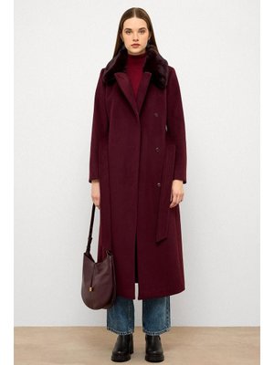 Mürdüm Yakası Çıkabilen Kürklü Punto Dikiş Detaylı Premium Uzun Kaban