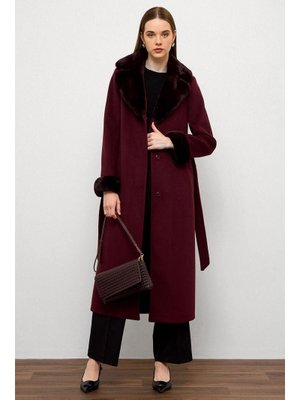 Mürdüm Ceket Yaka Yakası Ve Kolları Çıkabilen Kürklü Uzun Kaban