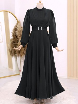 Siyah Kemeri Taşlı Önü Pileli Abiye Elbise