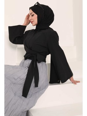 Siyah Sıyah Önden Bağlamalı Gömlek