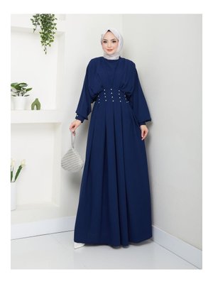 Lacivert Balon Kol Pileli Taşlı Elbise