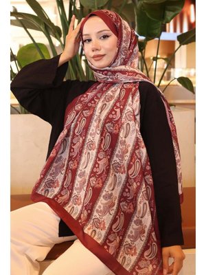 Bordo Etnik Desenli Şal