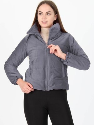 Gri Yüksek Yaka Fermuar Detaylı Cepli Kışlık Kadife Mont