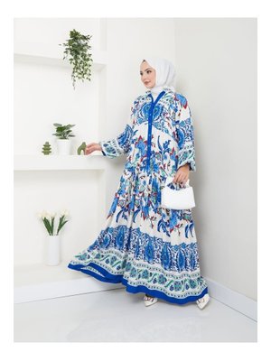 Mavi Çok Renkli Etnik Desenli Elbise