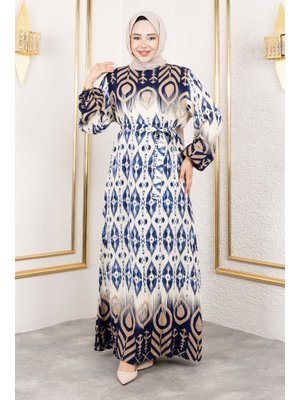 Lacivert Gölge Geçişli Viskon Elbise