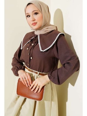 Kahverengi Denizci Yaka Güpürlü Gömlek Kahverengi Denizci Yaka Güpürlü Gömlek