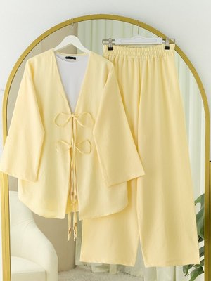 Açık Sarı Önü Çift Bağlamalı Pantolonlu Kimono Takım