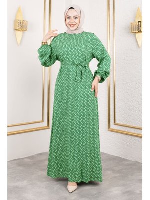 Yeşil Çıtır Desenli Viskon Elbise