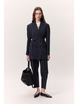 İndigo Tencel Kemerli Kruvaze Blazer Ceket İndigo Tencel Kemerli Kruvaze Blazer Ceket