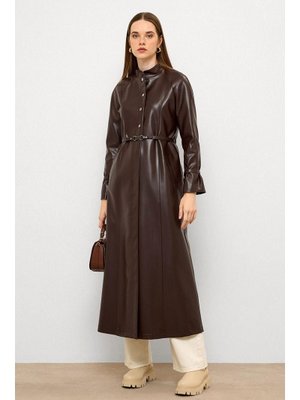 Hakim Yaka Kemer Detaylı Uzun Deri Trençkot K. Kahve