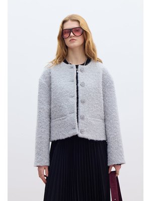 Gri Kalın Kaşe Cepli Kısa Kaban