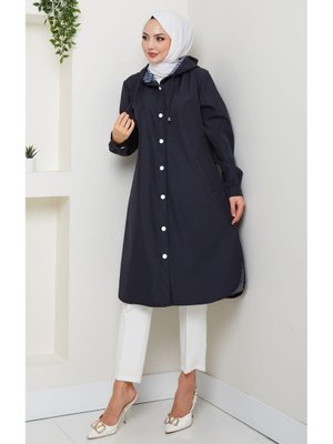 Kapüşonlu İçi Çizgili Mevsimlik Lacivert Trenç