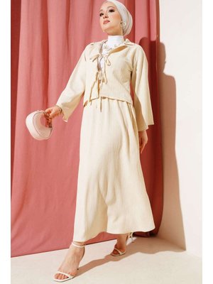 Bej Ceket Yaka Ağaç Kabuğu Dokulu Etekli Takım