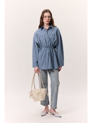 İndigo Büzgü Bağlama Detaylı Tunik