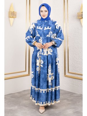 İndigo Düğmeli Viskon Elbise