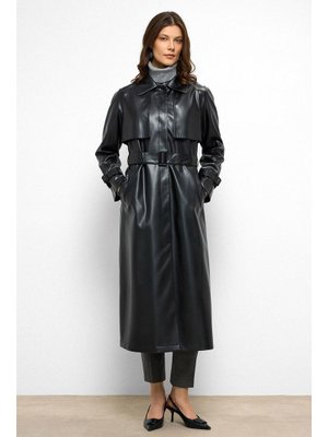 Siyah Reglan Kol Pelerin Ve Punto Dikiş Detaylı Deri Trençkot