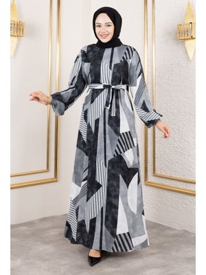 Gri Geometrik Desenli Beli Kuşaklı Viskon Elbise