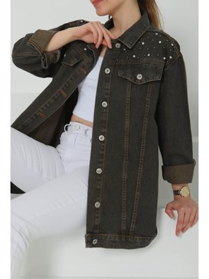 Kahve Tint Yıkama Omuz Taş Detaylı Oversize Kot Ceket Yikama Kahve Tint Yıkama Omuz Taş Detaylı Oversize Kot Ceket Yikama
