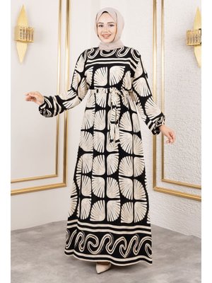 Bej İstiridye Desenli Viskon Elbise