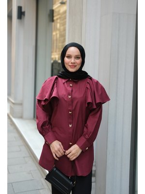 Bordo Kolları Valonlu Düğme Detaylı Gömlek