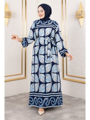 Mavi İstiridye Desenli Viskon Elbise