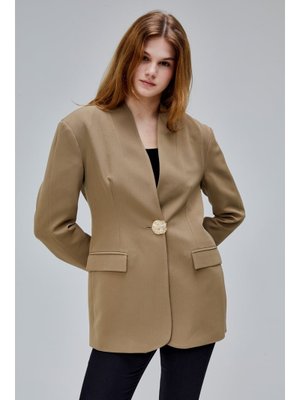 Koyu Haki Salaş Kesim Düğme Detaylı Dokuma Blazer Ceket