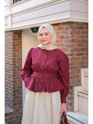 Bordo Beli Büzgü Detaylı Gömlek