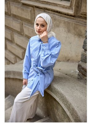 Mavi Yandan Bağlamalı Kalın Çizgili Gömlek