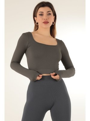 Seamless Straplez Uzun Kollu Fitilli Büstiyer Antrasit